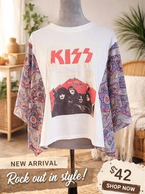 Kids KISS Graphic Raglan Top - White with Multicolor Paisley Sleeves